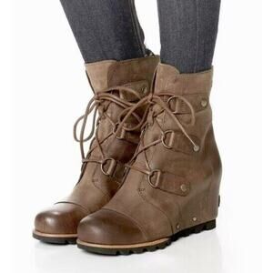 Sorel Joan of Arctic Wedge Boots Ankle Women 6.5 Leather Brown NL2173 Shoes